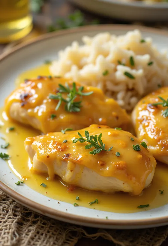 Blanc de poulet juteux au miel et à la moutarde, cuit jusqu'à être croustillant, servi avec des légumes frais
