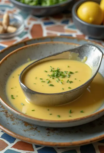 Sauce crémeuse moutarde et citron dans un bol, décorée de persil frais.