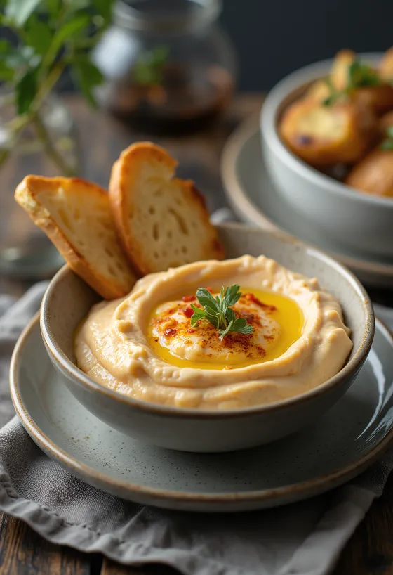 Caviar d'aubergine aux poivrons rôtis servi