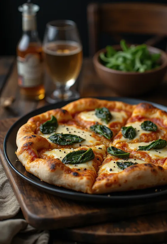 Pizza style tibétain servie avec fromage de yak et épinards frais