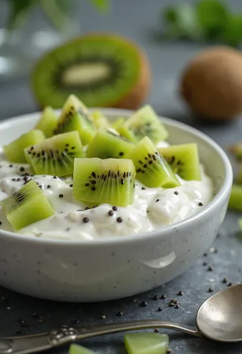 Yaourt probiotique au kiwi servi dans des verres, avec des morceaux de kiwi frais