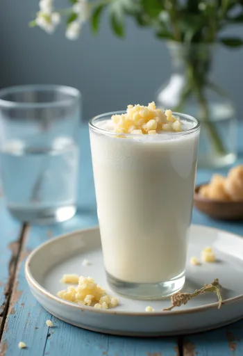 Kéfir salé probiotique servi avec de l'aneth frais et du jus de citron