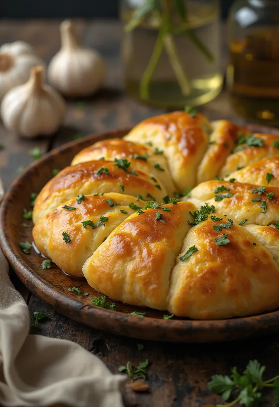Stromboli à l'ail servi, riche en huile à l'ail et mozzarella fondue sur le dessus, croustillant à l'extérieur et moelleux à l'intérieur.