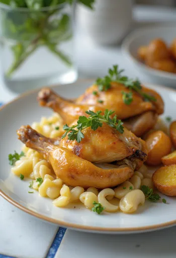 Cailles rôties aux herbes, peau croustillante et décorées de citron