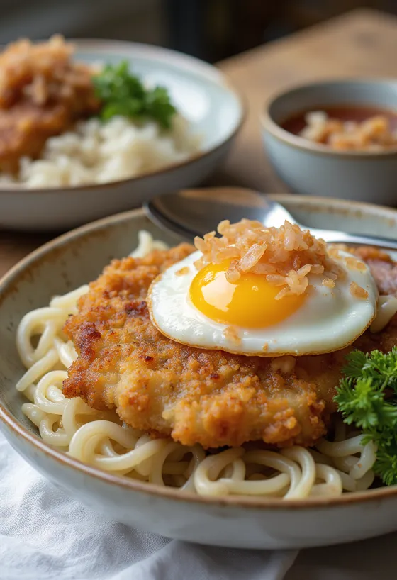 Katsudon farci aux œufs de cabillaud Tarako, poulet croustillant et sauce soja riche
