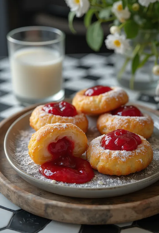 Zeppole fourrés à la confiture de fraises, saupoudrés de sucre glace, servis sur un plat rustique