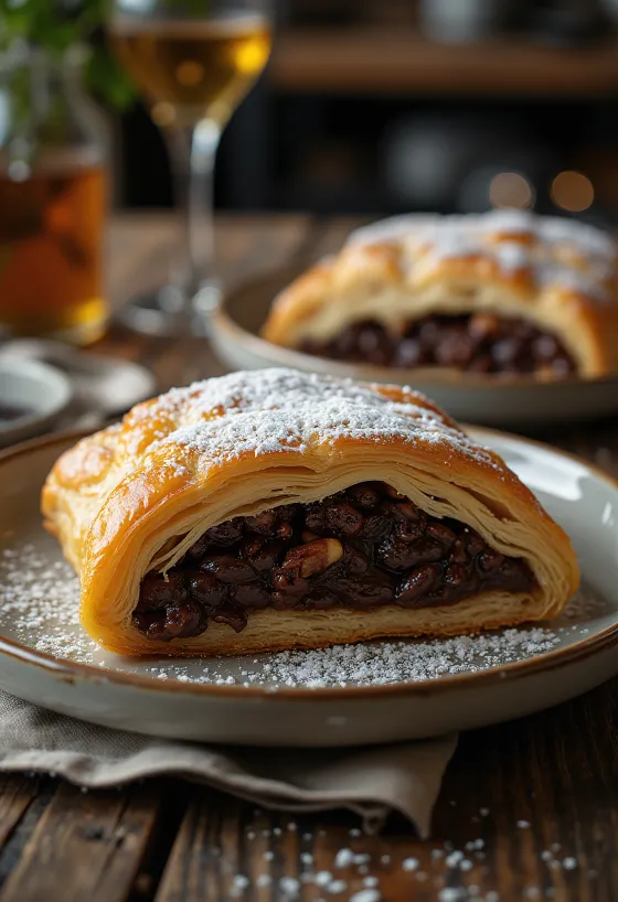 Strudel au chocolat servi sur une assiette