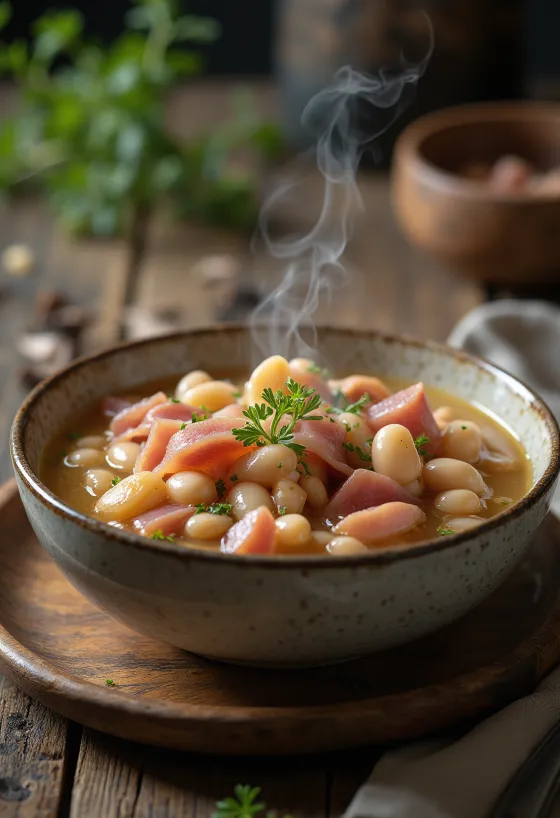 Jambon fumé aux haricots servi avec du persil frais