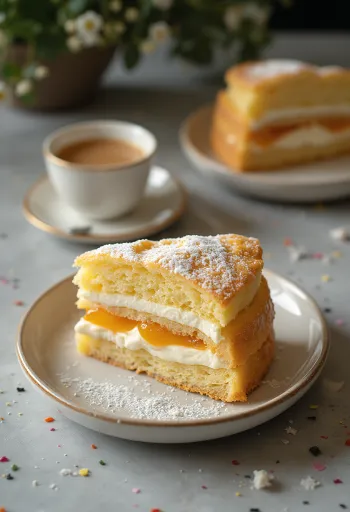 Tranches de gâteau Mézes krémes classique avec feuilles au miel maison et crème vanille.