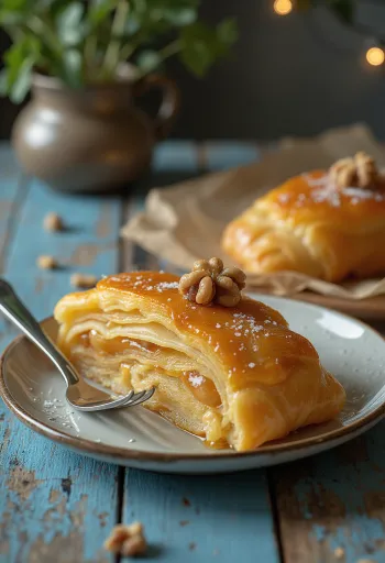 Strudel au miel et aux noix sur une assiette