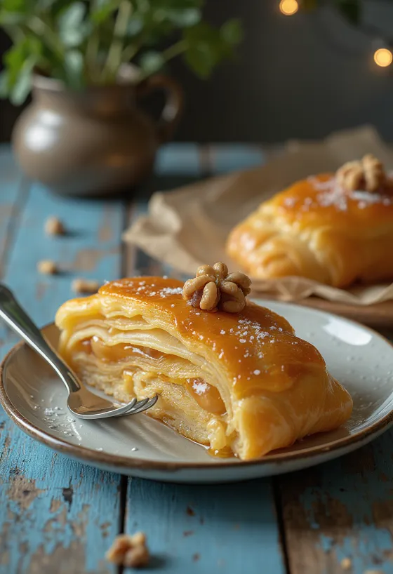 Strudel au miel et aux noix sur une assiette