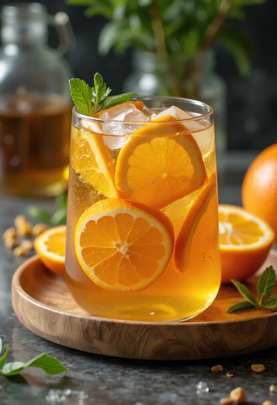Thé glacé orange-menthe dans un verre