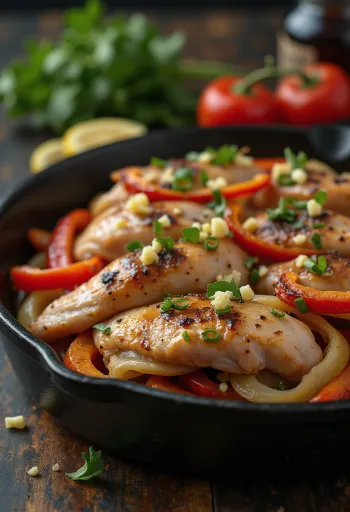 Dinde sautée aux poivrons, servie avec du paprika épicé et du romarin