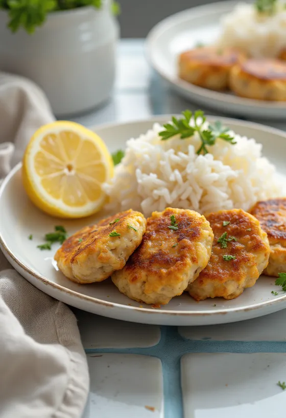 Boulettes de dinde dorées servies avec du riz blanc