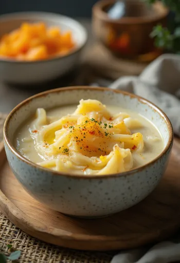 Ragoût crémeux de courge à l'aneth et crème fraîche, servi avec un petit pain croustillant.
