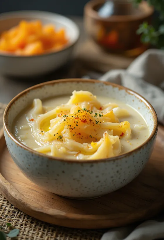 Ragoût crémeux de courge à l'aneth et crème fraîche, servi avec un petit pain croustillant.