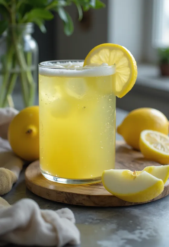 Jus pomme-citron dans un grand verre, décoré de tranches de pomme fraîche et de citron