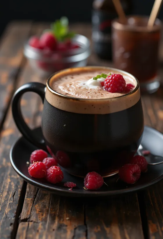 Cidre chocolat-framboise servi dans un verre