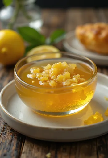 Glaçage au miel citron et gingembre dans un bol, décoré de tranches de citron et de gingembre.