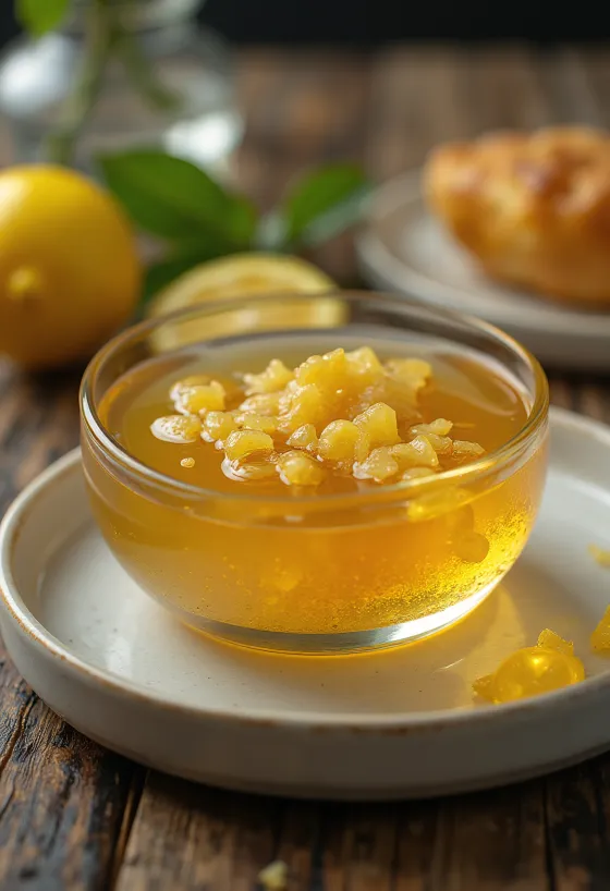 Glaçage au miel citron et gingembre dans un bol, décoré de tranches de citron et de gingembre.