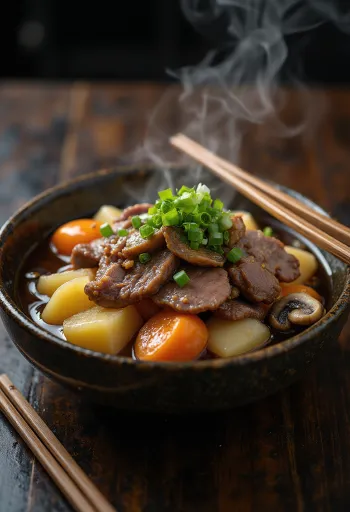 Nikujaga au Miso, servi avec du bœuf, des légumes et de la pâte miso