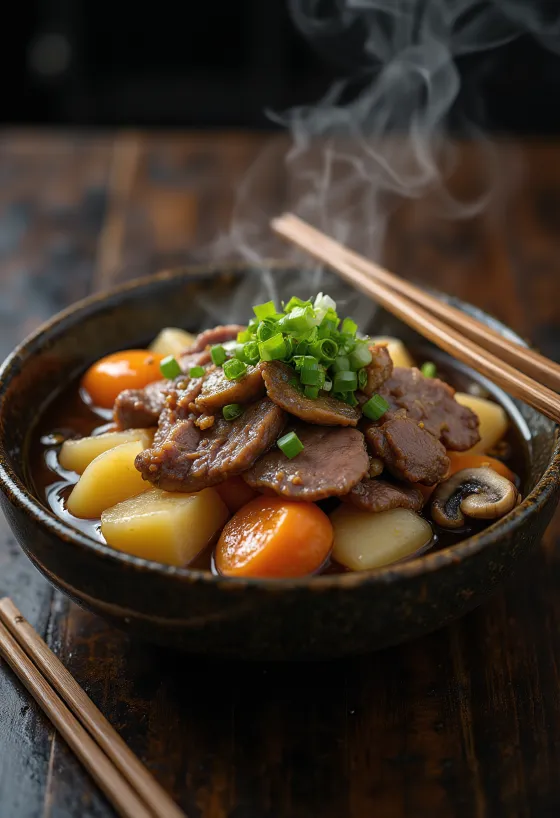 Nikujaga au Miso, servi avec du bœuf, des légumes et de la pâte miso