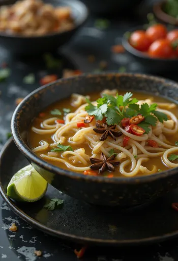 Pho version épicée servi dans un bol avec des nouilles de riz épicées, de la coriandre fraîche et des tranches de citron vert