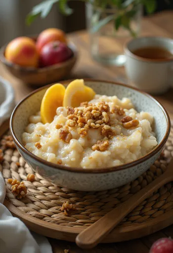 Porridge avoine tapioca servi avec fraises fraîches, pêche et noix concassées
