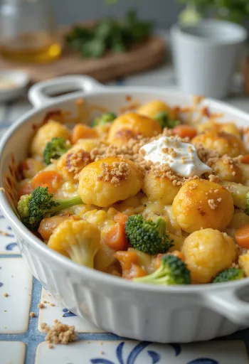 Gratin de légumes avec légumes tendres, sauce crémeuse et fromage fondu sur le dessus