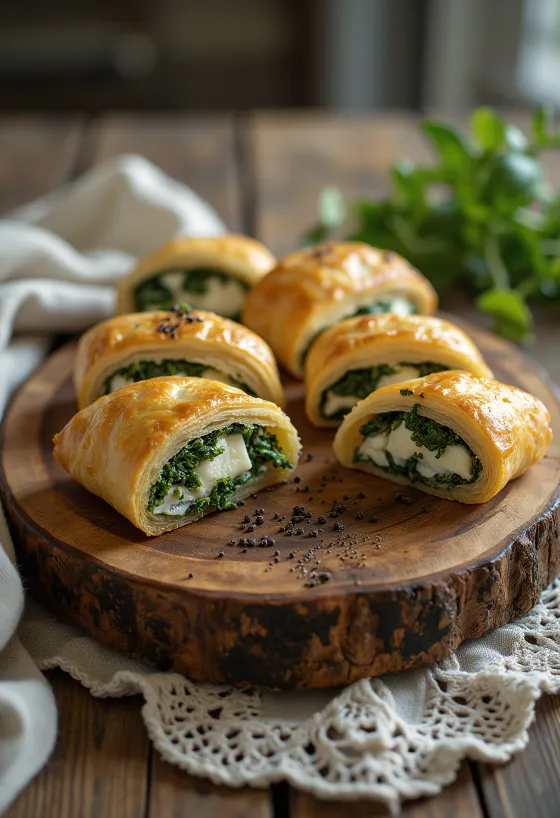 Strudel aux épinards et feta fraîchement cuit, pâte croustillante