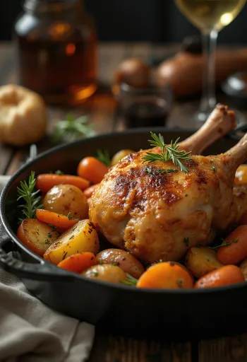 Cuisse de canard rôtie à la peau croustillante servie avec des légumes