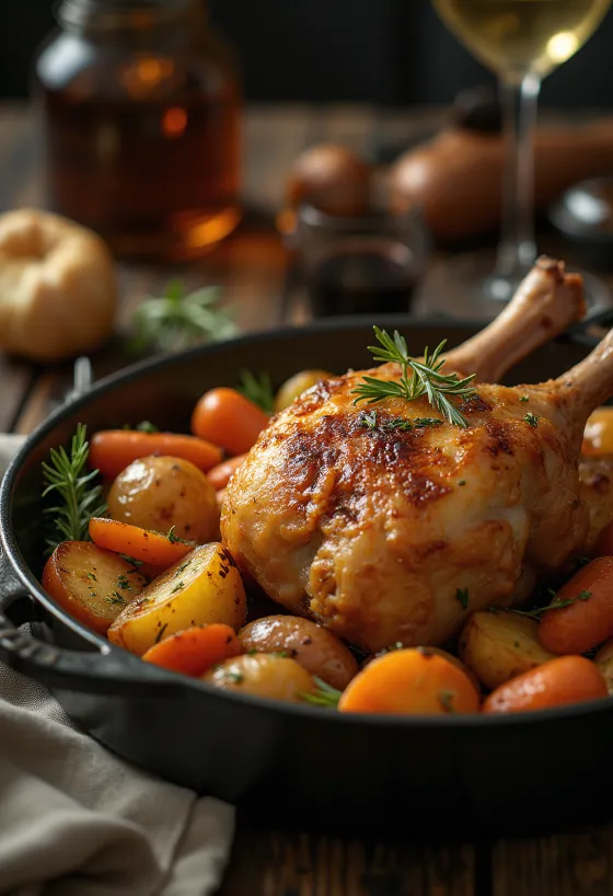 Cuisse de canard rôtie à la peau croustillante servie avec des légumes