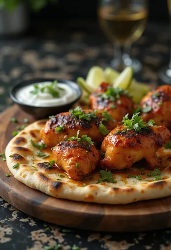Poulet tandoori naan servi frais, riche en épices et coriandre fraîche