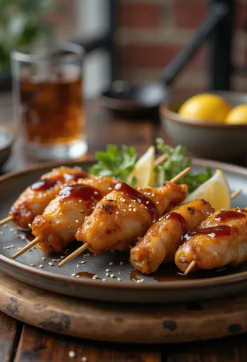 Yakitori Tebasaki aile de poulet sur brochette, servi avec graines de sésame et oignon vert frais