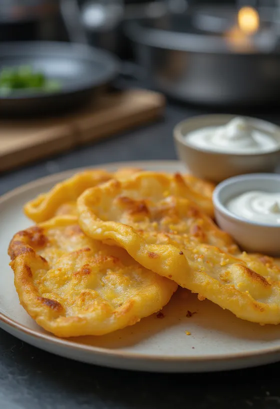 Lángos aux pommes de terre frit doré servi avec de la crème à l'ail et du fromage râpé