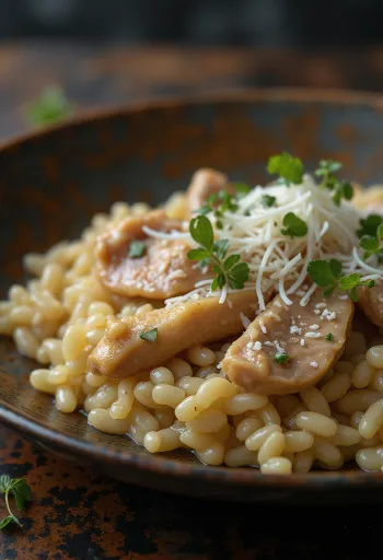 Risotto aux foies de volaille servi avec du parmesan et du persil