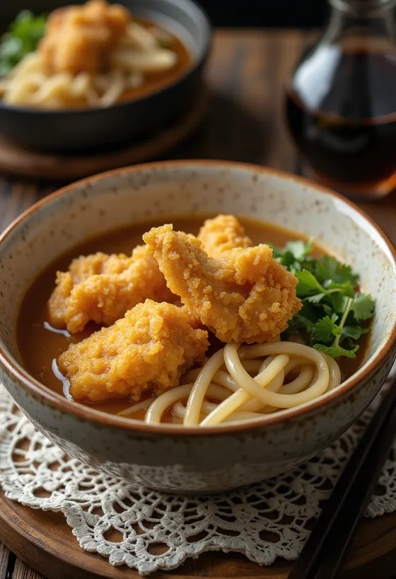 Karaage udon servi en bol avec poulet frit, sauce soja et oignon vert frais