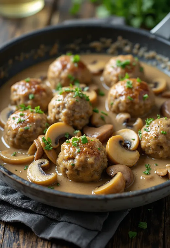Köttbullar sauce aux champignons et crème, dressé dans une assiette