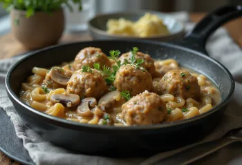 Köttbullar sauce aux champignons et crème, dressé dans une assiette
