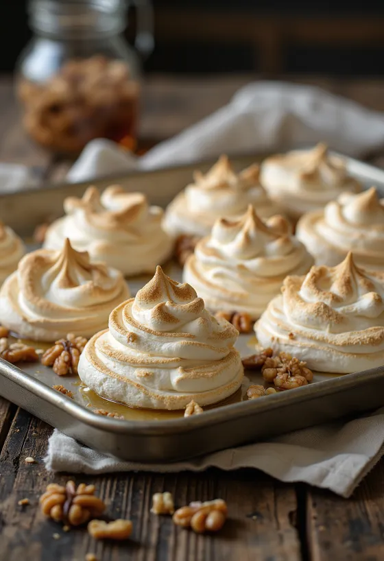 Meringues au miel et aux noix sur une plaque de cuisson