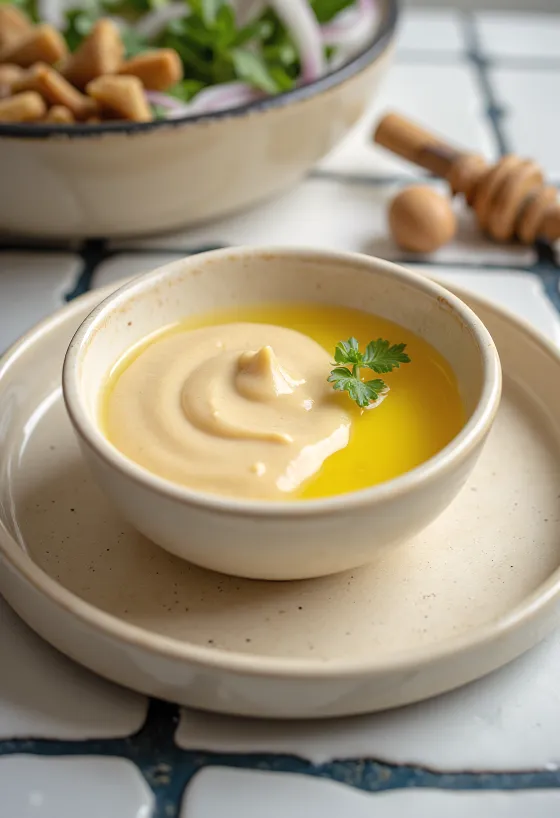 Sauce tahini miel et gingembre servie