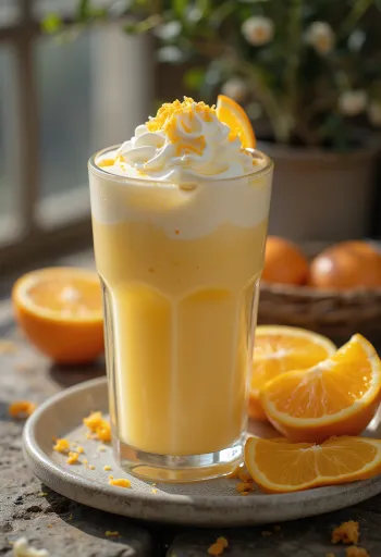 Frappé orange-vanille, boisson au café crémeuse décorée de crème chantilly et zeste d'orange