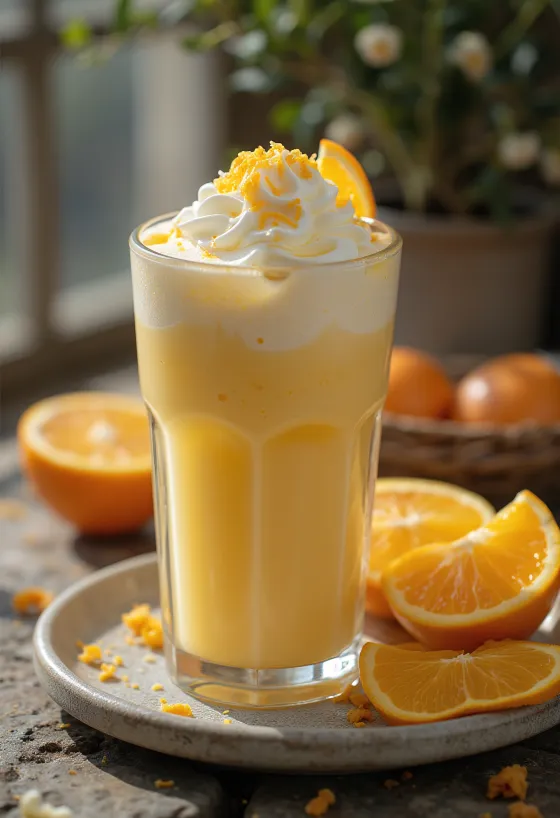 Frappé orange-vanille, boisson au café crémeuse décorée de crème chantilly et zeste d'orange