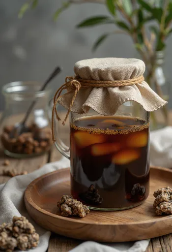 Kombucha à base de thé noir servi dans un verre transparent, couleur ambre clair