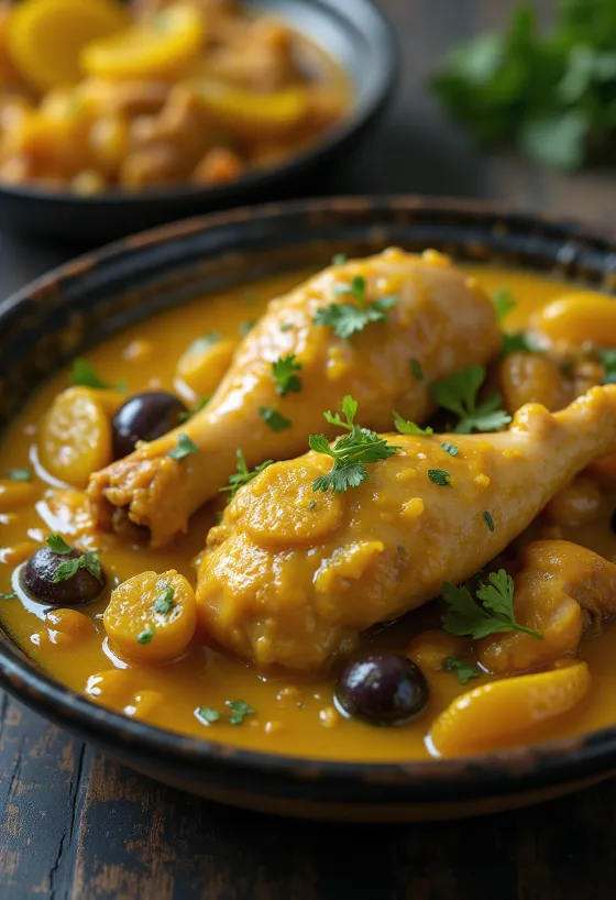 Tajine de poulet aux citrons confits servi dans un tajine traditionnel
