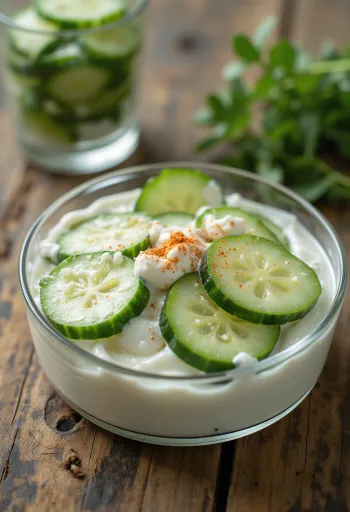 Salade de concombres fraîche à la crème, saupoudrée d'ail et de paprika, servie dans un bol blanc.