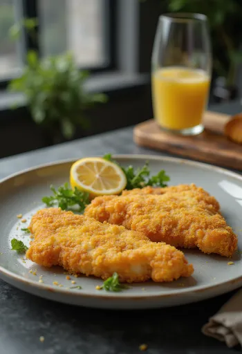 Escalope viennoise croustillante servie avec citron et pommes de terre persillées