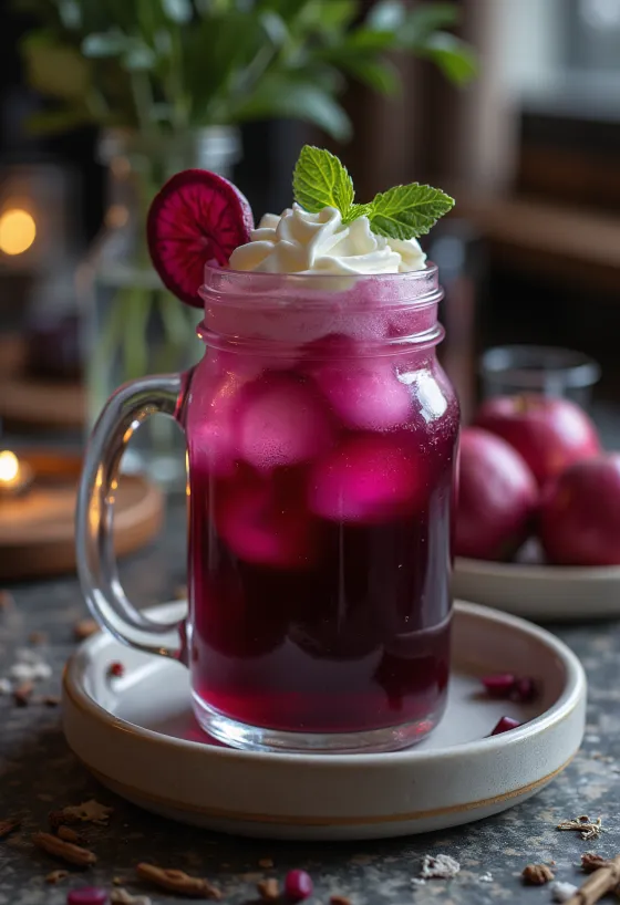Cidre pomme-betterave servi dans un verre
