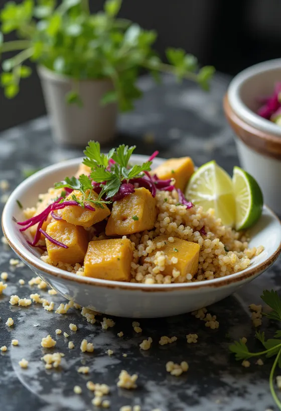 Curry de quinoa au tofu, betterave et citron vert servi