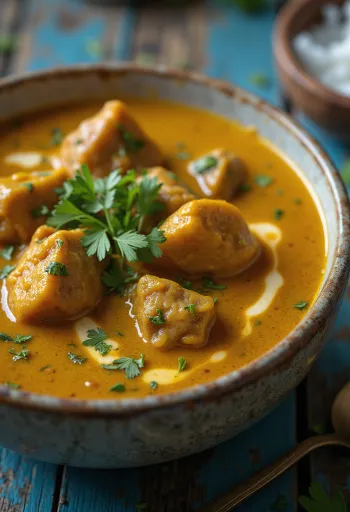 Curry de bœuf servi avec lait de coco et épices